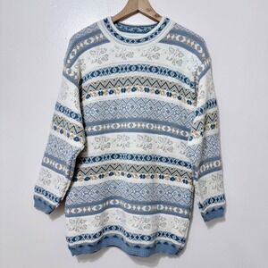 Lindsey Blake VTG Blue White Fair Isle Sparkle Knit Sweater USA S GrandmaCore
